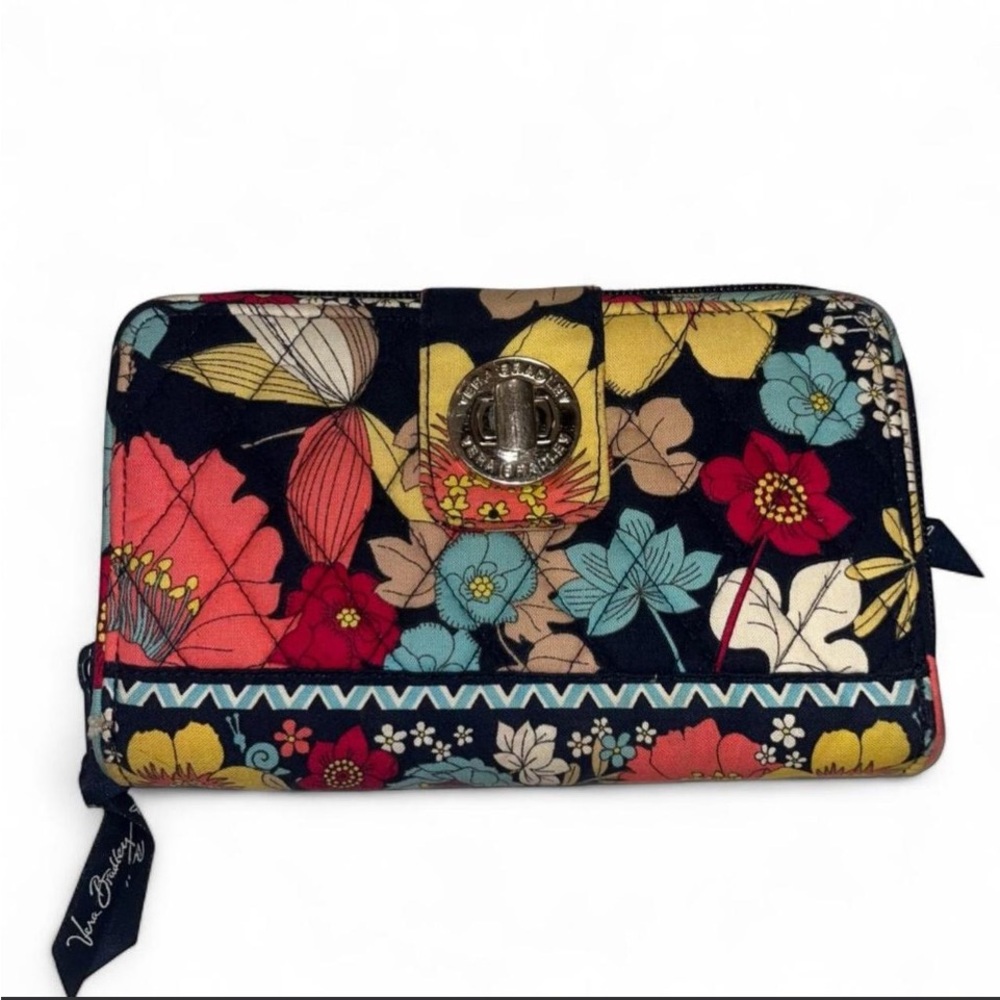 Vera Bradley Navy Multi Floral Zip-Around Wallet Happy Snails Retired